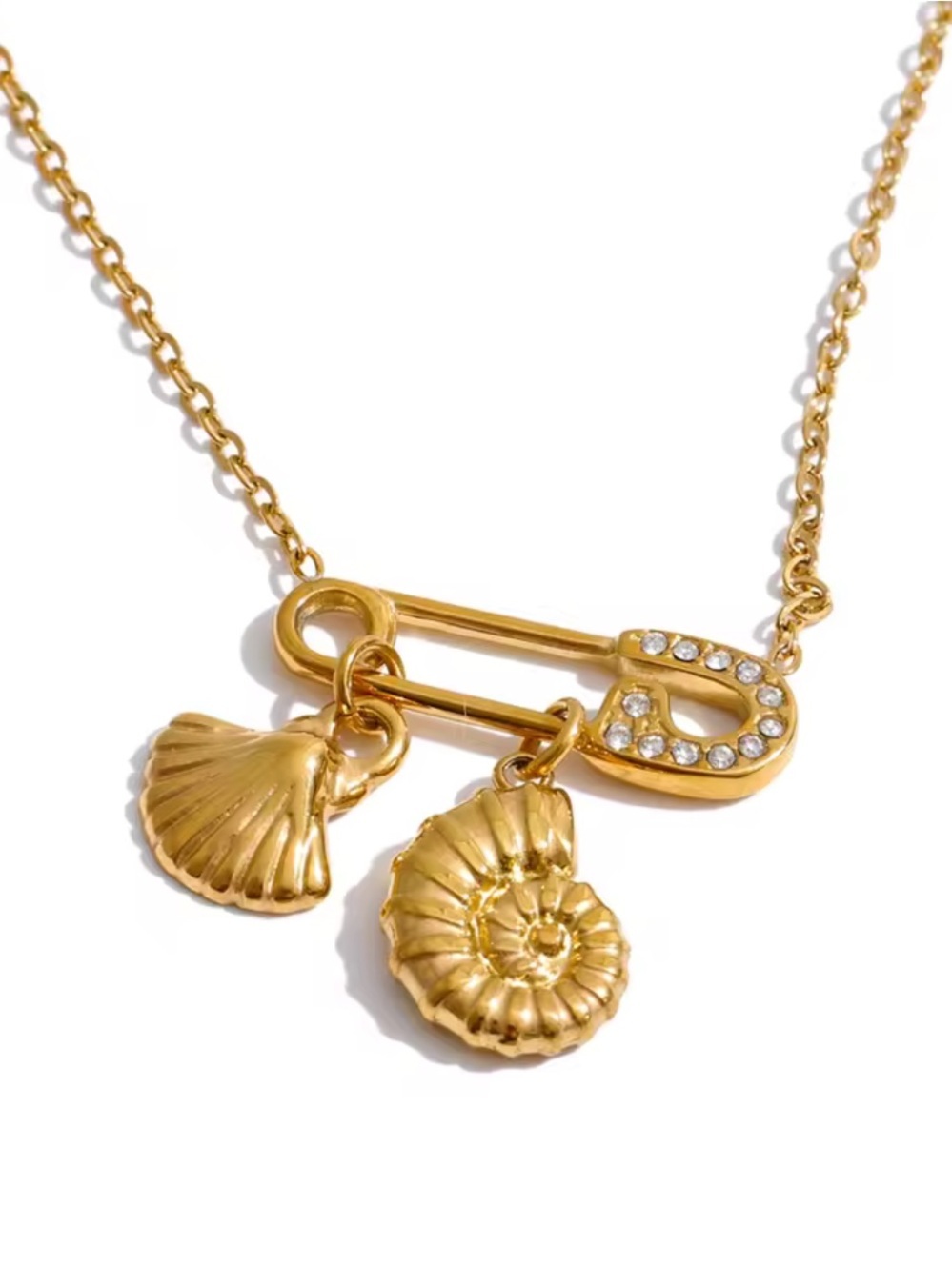 Gold Shell Spiral Charm Safety Pin Coastal Ocean Dainty Necklace
